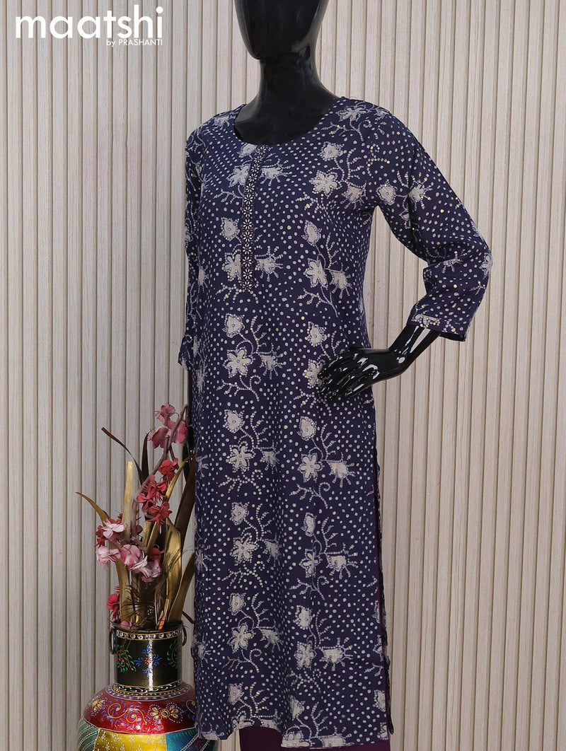 Rayon readymade kurti set dark blue with allover prints & embroidery work neck pattern and straight cut pant
