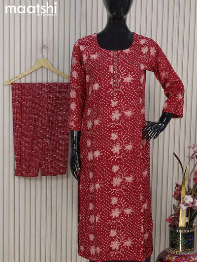 Rayon readymade kurti set red with allover prints & embroidery work neck pattern and straight cut pant