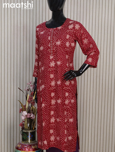 Rayon readymade kurti set red with allover prints & embroidery work neck pattern and straight cut pant
