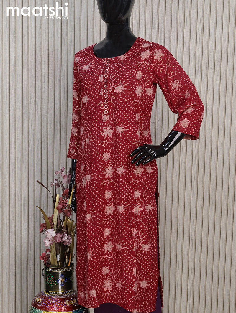 Rayon readymade kurti set red with allover prints & embroidery work neck pattern and straight cut pant