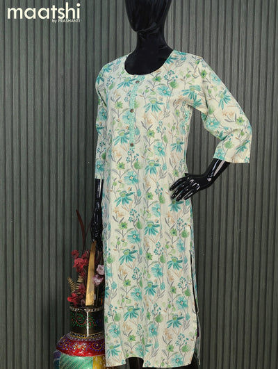 Rayon readymade kurti set off whie and teal blue with allover floral prints & simple neck pattern and straight cut pant