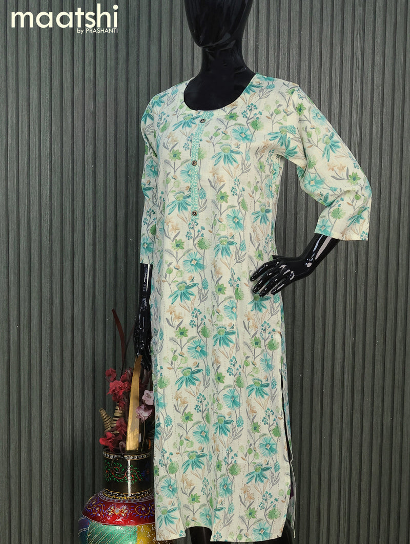 Rayon readymade kurti set off whie and teal blue with allover floral prints & simple neck pattern and straight cut pant