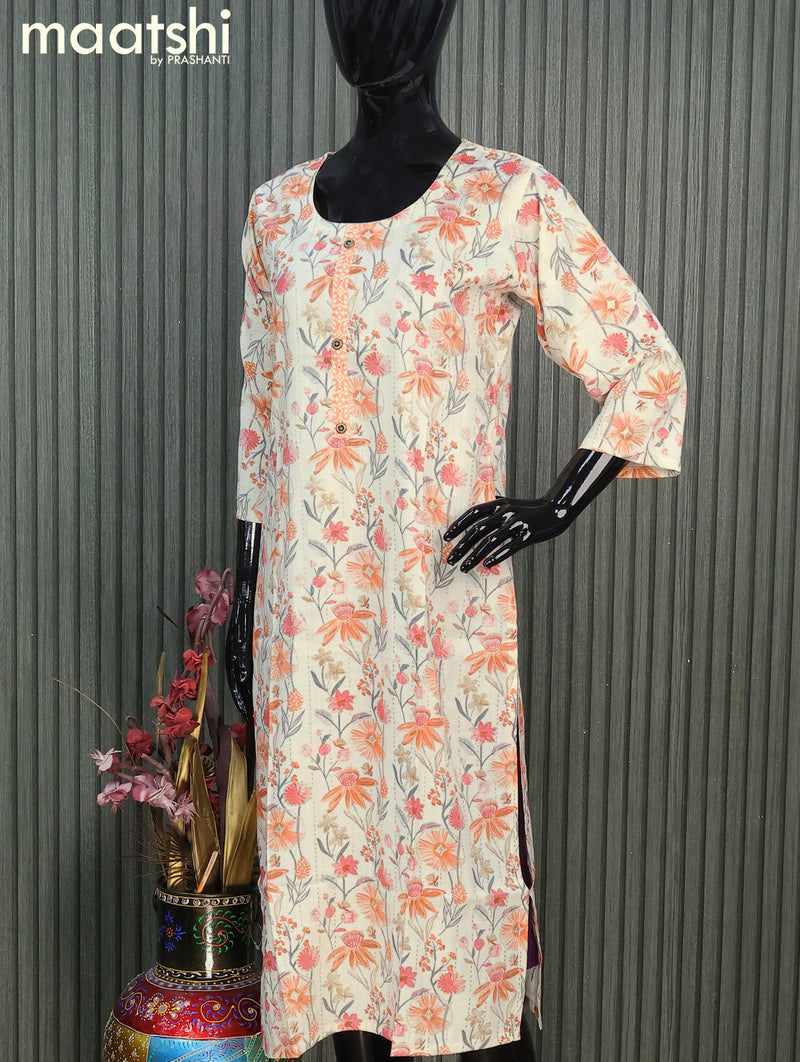 Rayon readymade kurti set cream and peach orange with allover floral prints & simple neck pattern and straight cut pant