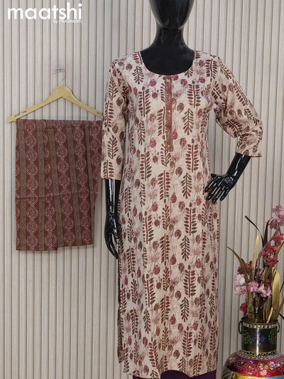 Rayon readymade kurti set beige and maroon with allover prints & simple neck pattern and straight cut pant