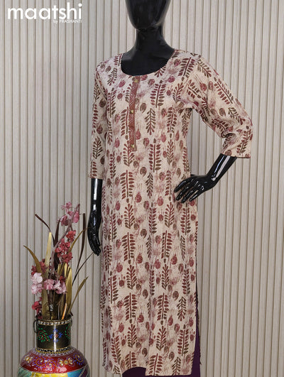 Rayon readymade kurti set beige and maroon with allover prints & simple neck pattern and straight cut pant