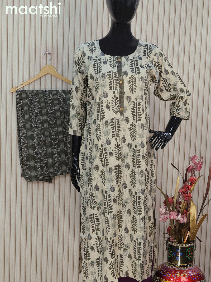 Rayon readymade kurti set grey shade with allover prints & simple neck pattern and straight cut pant