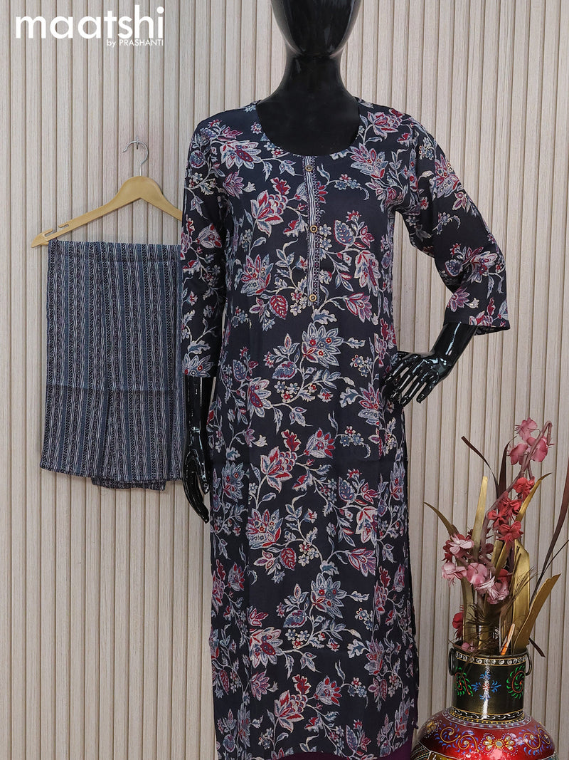 Rayon readymade kurti set dark navy blue with allover floral prints & simple neck pattern and straight cut pant