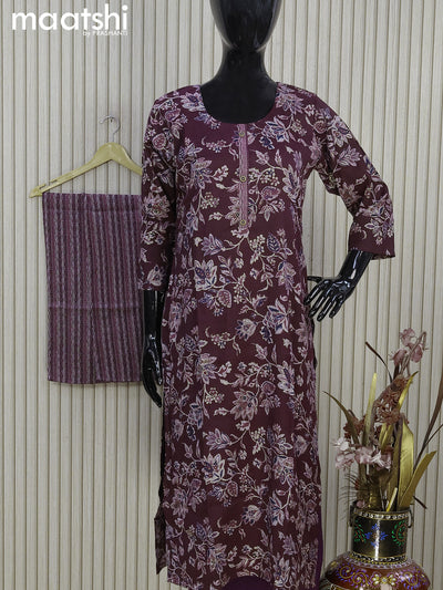 Rayon readymade kurti set wine shade with allover floral prints & simple neck pattern and straight cut pant