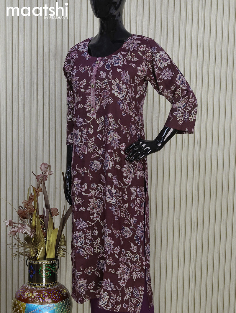 Rayon readymade kurti set wine shade with allover floral prints & simple neck pattern and straight cut pant