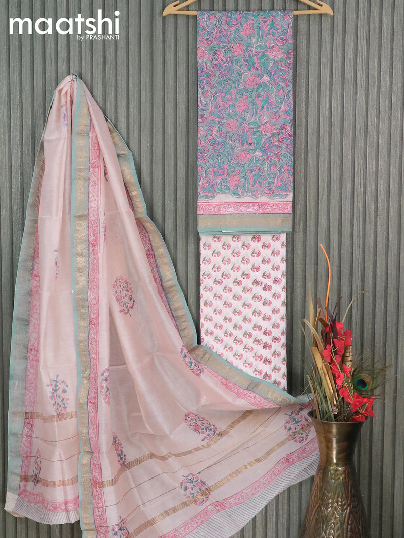 Chanderi dress material pastel blue shade and off white with allover floral prints and maheshwari border