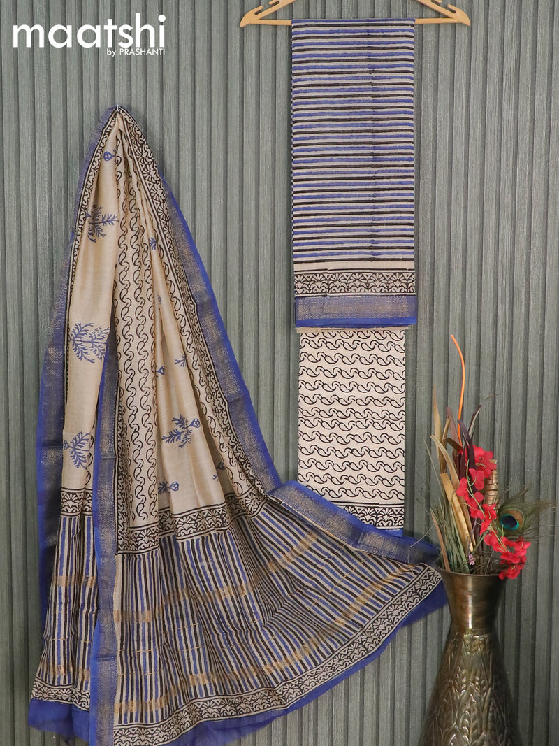 Chanderi dress material blue black and beige with allover stripe pattern and maheshwari border