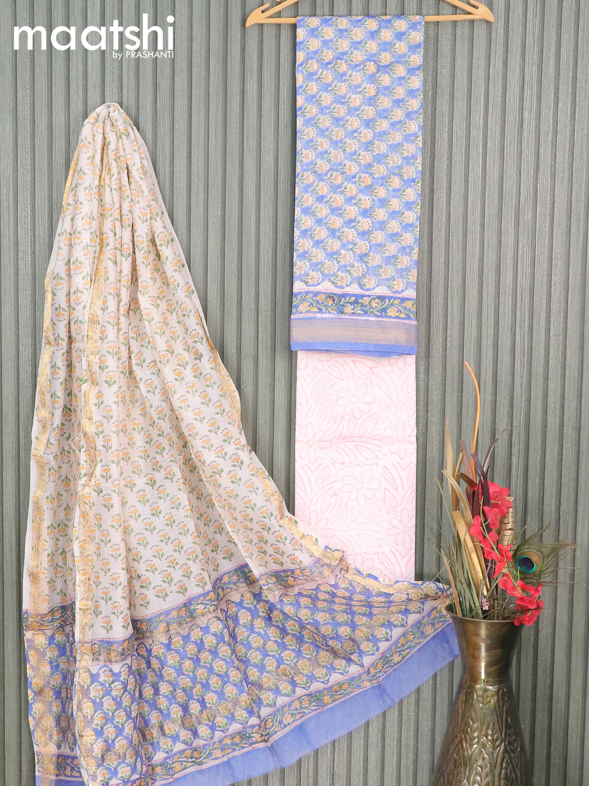Chanderi dress material blue and off white with allover floral butta prints and maheshwari border