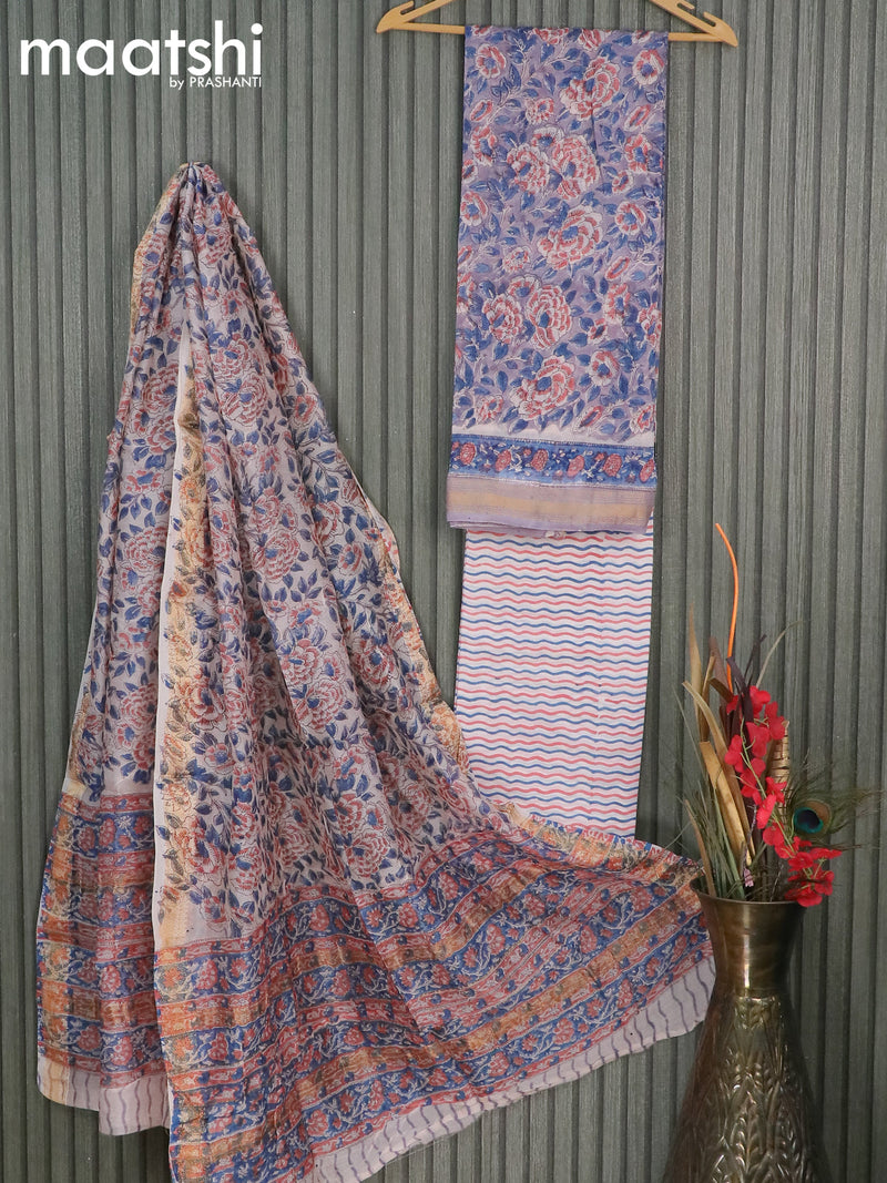 Chanderi dress material grey shade and off white with allover floral prints and maheshwari border