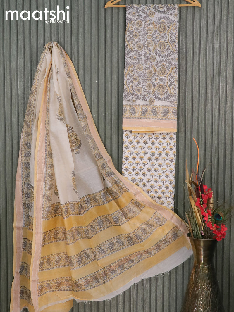 Chanderi dress material grey and off white with allover prints and maheshwari border