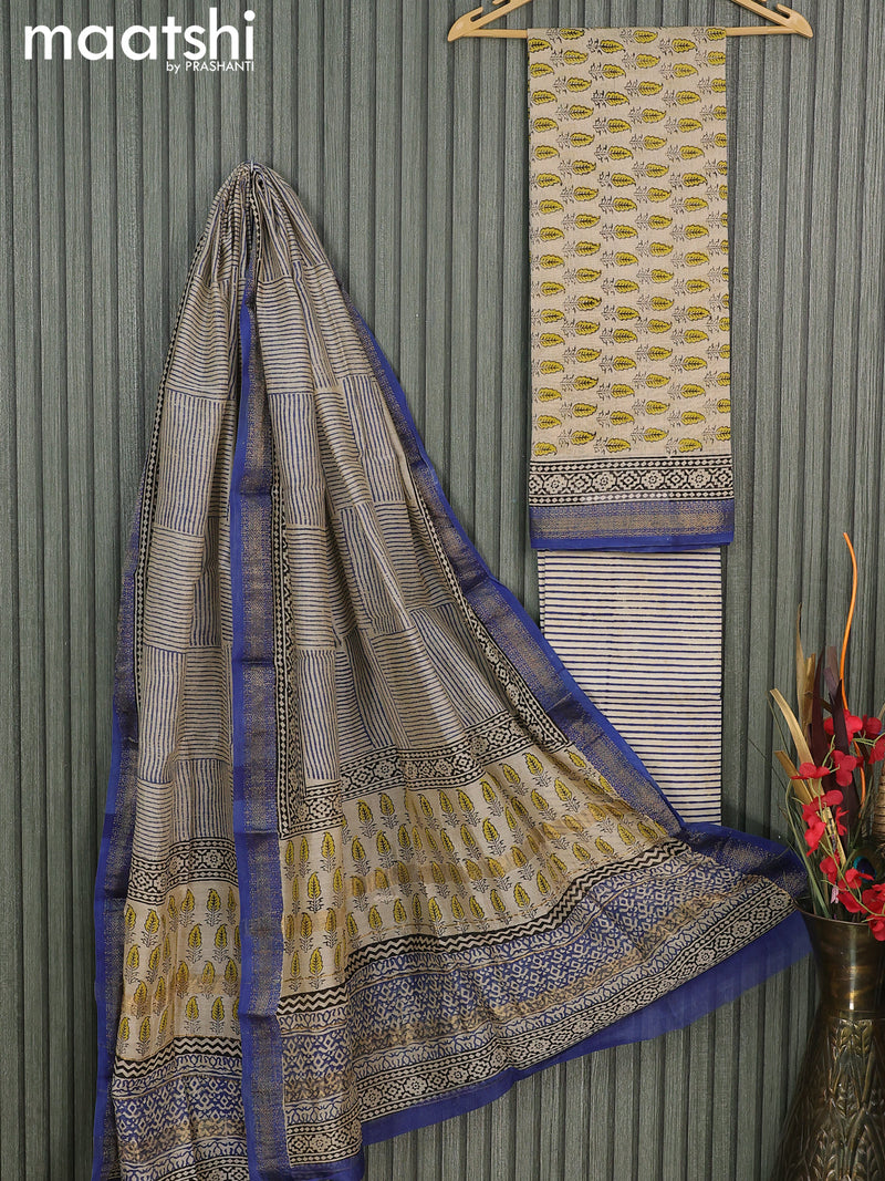 Chanderi dress material beige and blue with allover butta prints and maheshwari border
