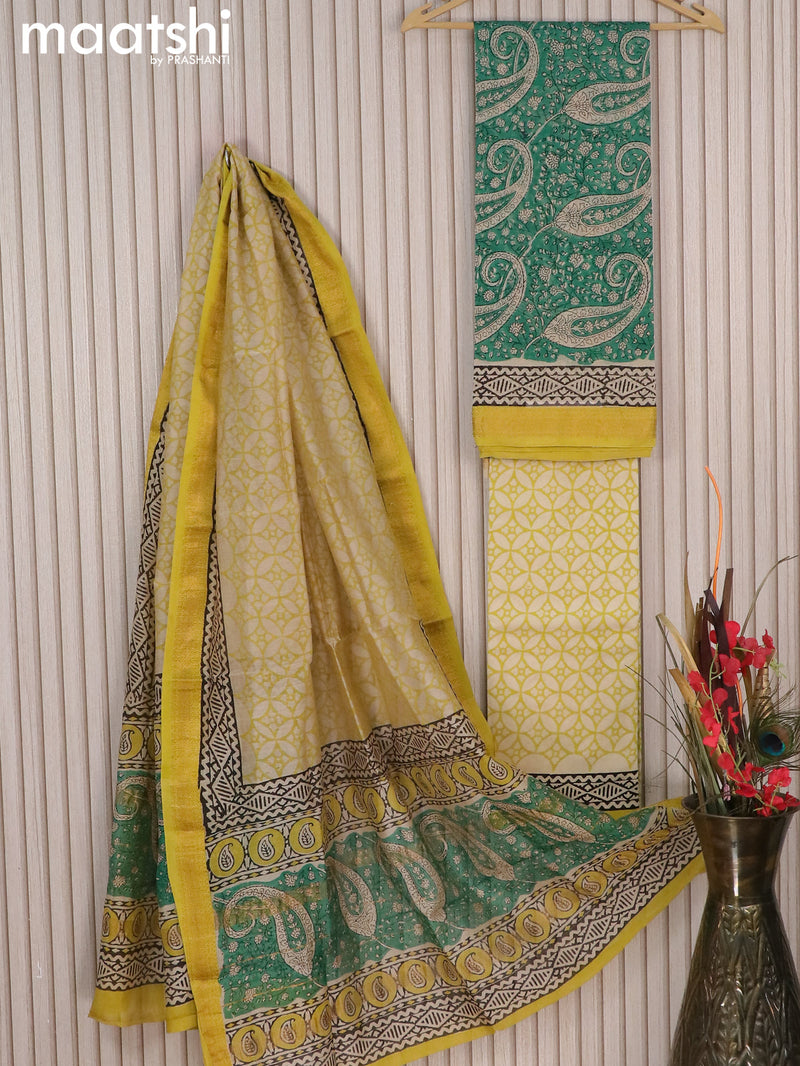 Chanderi dress material green and off white with allover paisley prints and maheshwari border
