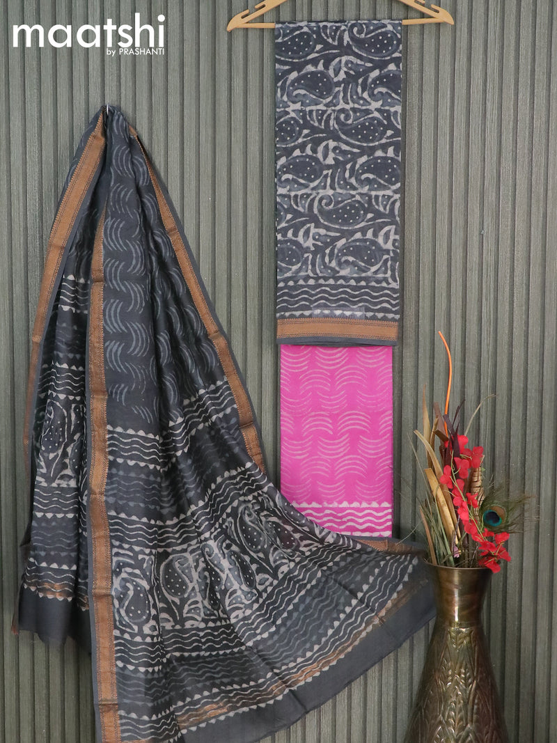 Chanderi dress material grey and pink with allover prints and maheshwari border