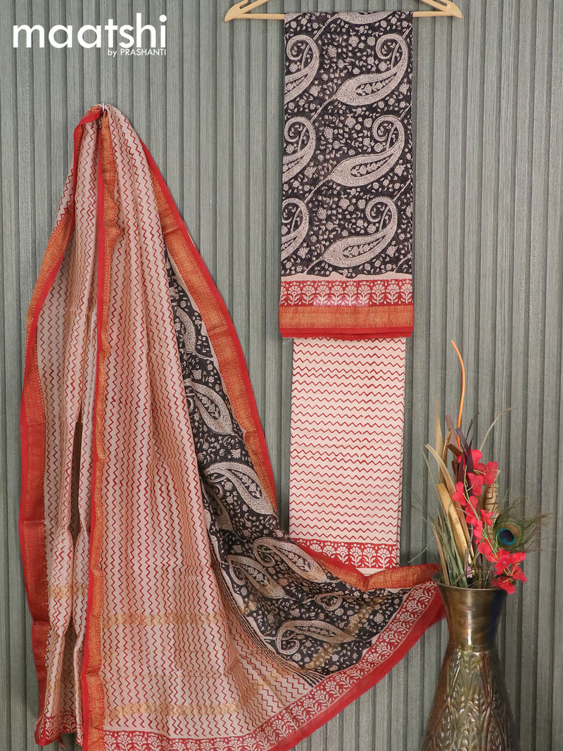 Chanderi dress material black and sandal with allover prints and maheshwari border