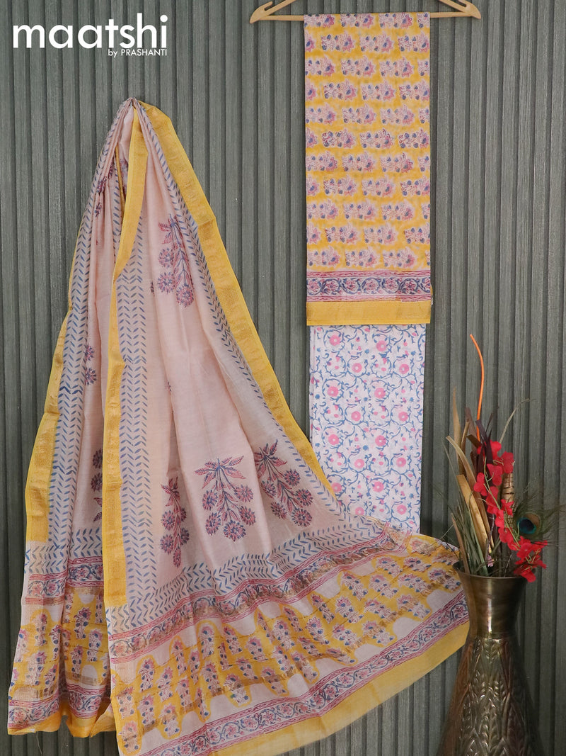 Chanderi dress material yellow and off white with allover floral butta prints and maheshwari border