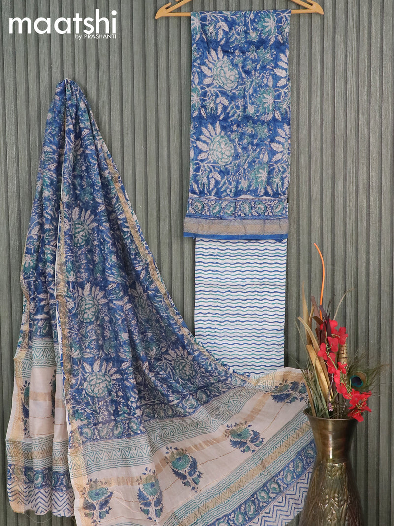 Chanderi dress material blue and off white with allover floral prints and maheshwari border