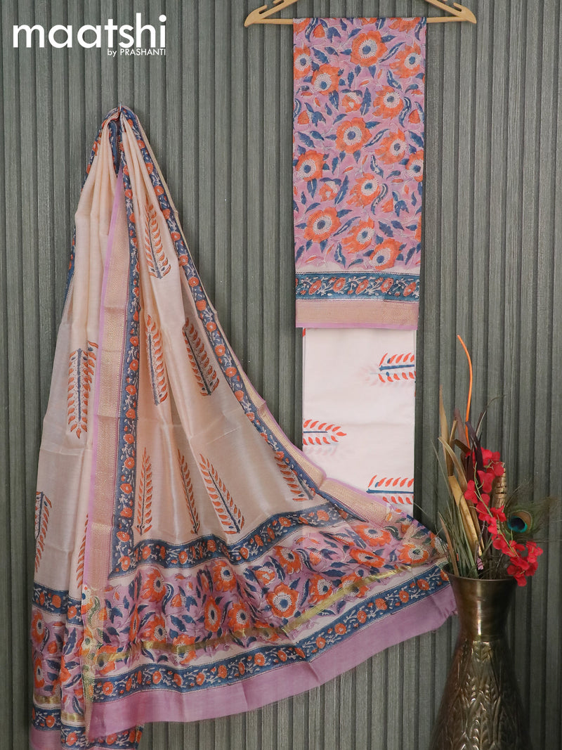 Chanderi dress material pink shade and off white with allover floral prints and maheshwari border