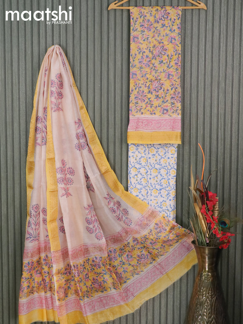 Chanderi dress material yellow and off white with allover floral prints and maheshwari border