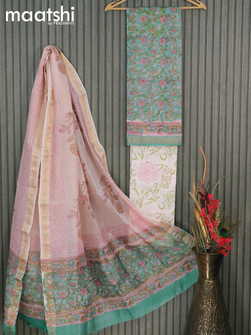 Chanderi dress material teal blue and off white with allover floral prints and maheshwari border