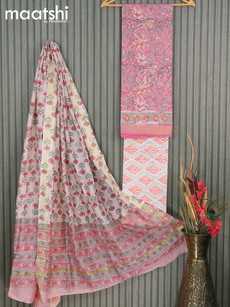 Chanderi dress material pink and off white with allover floral prints and maheshwari border