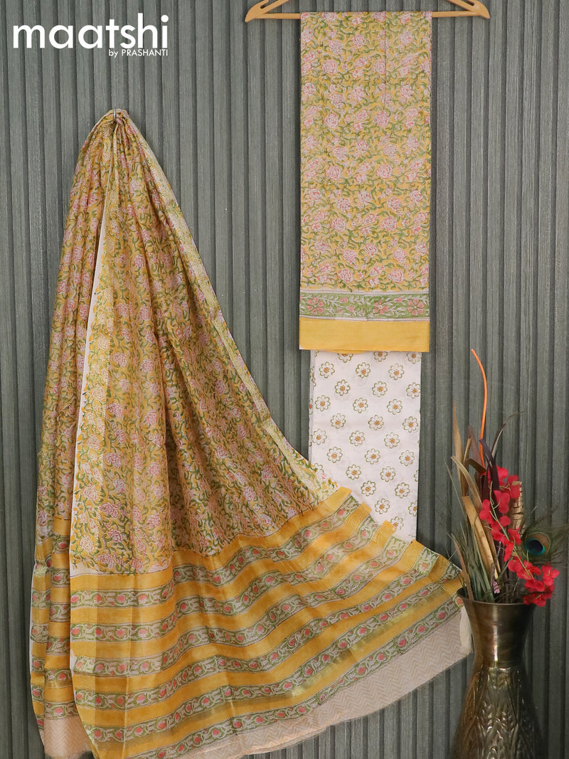 Chanderi dress material yellow and green with allover floral prints and maheshwari border