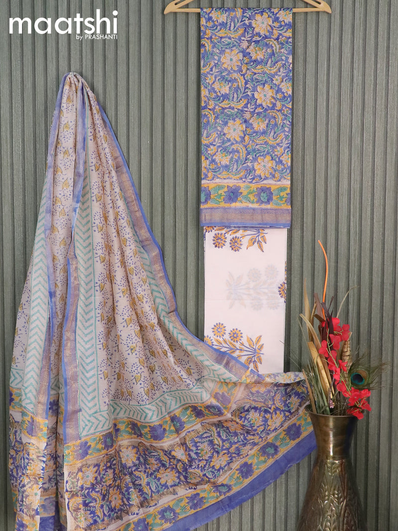 Chanderi dress material blue and off white with allover floral prints and maheshwari border