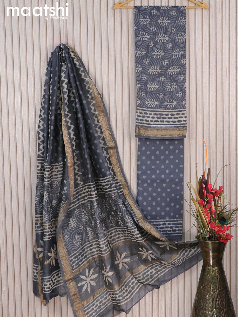 Chanderi dress material grey with allover dabu prints and maheshwari border