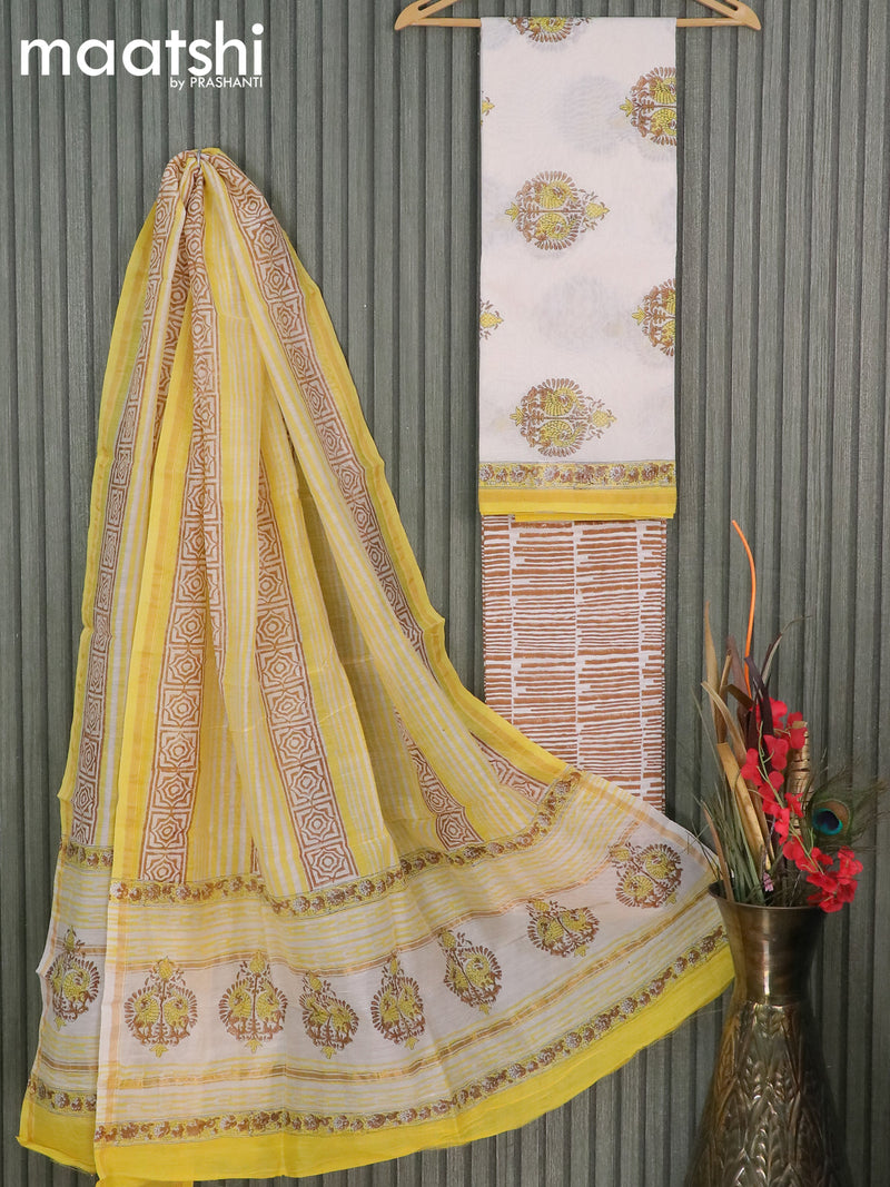 Chanderi dress material off white and yellow with butta prints and small zari woven border