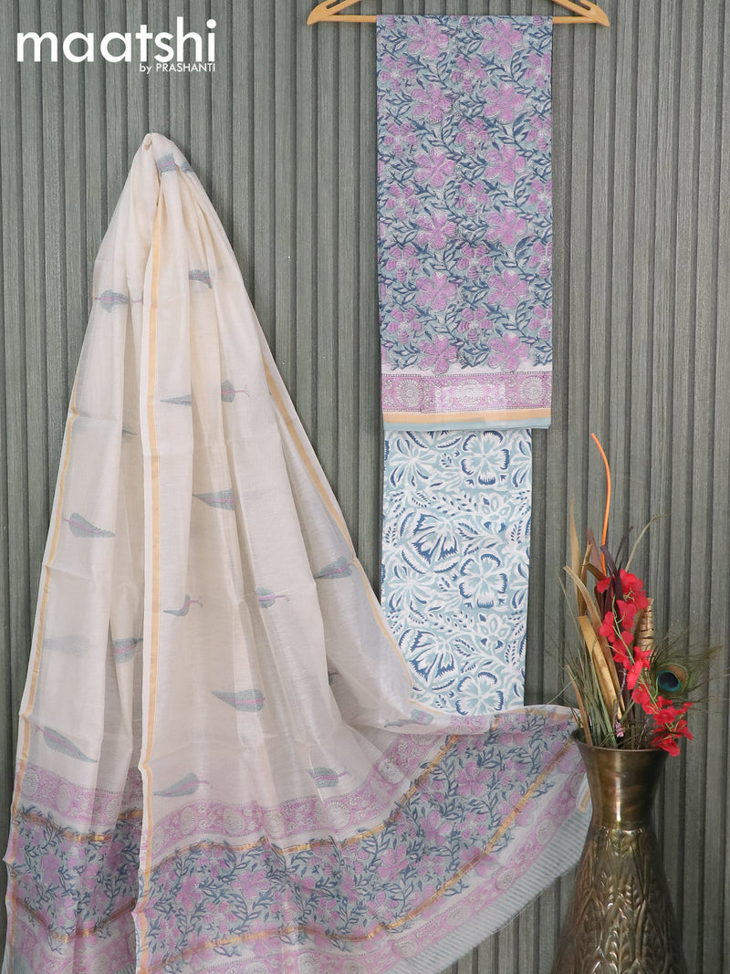 Chanderi dress material blue and off white with allover floral prints and small zari woven border