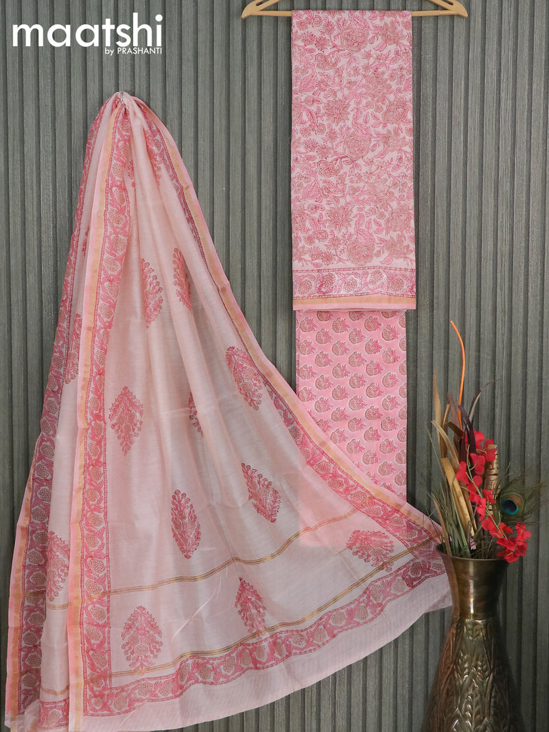Chanderi dress material off white and pink shade with allover floral prints and small zari woven border