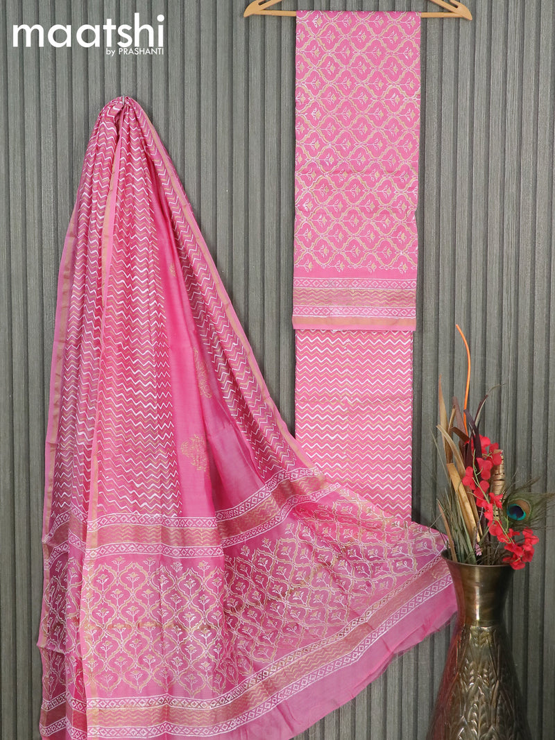 Chanderi dress material pink with allover prints and small zari woven border
