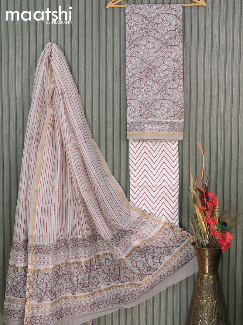 Chanderi dress material grey shade and off white with allover floral prints and small zari woven border