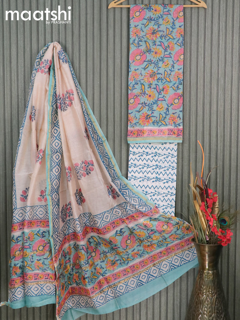 Chanderi dress material blue shade and off white with allover floral prints and small zari woven border