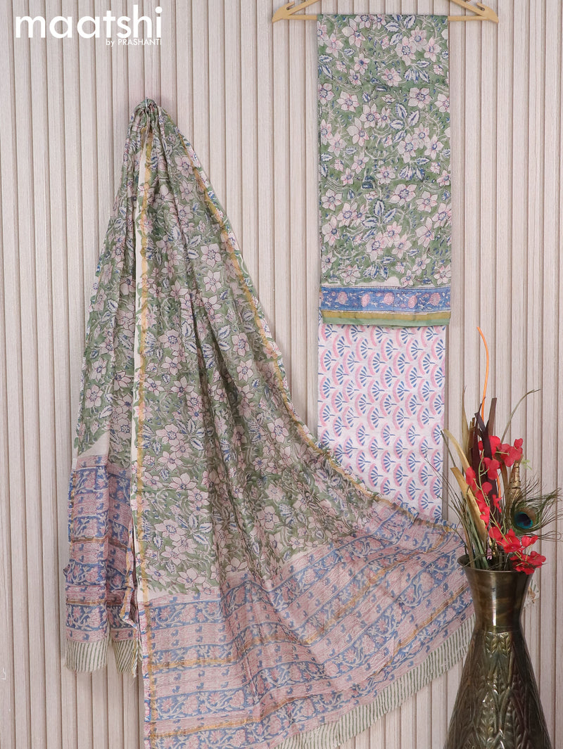 Chanderi dress material green and off white with allover floral prints and small zari woven border