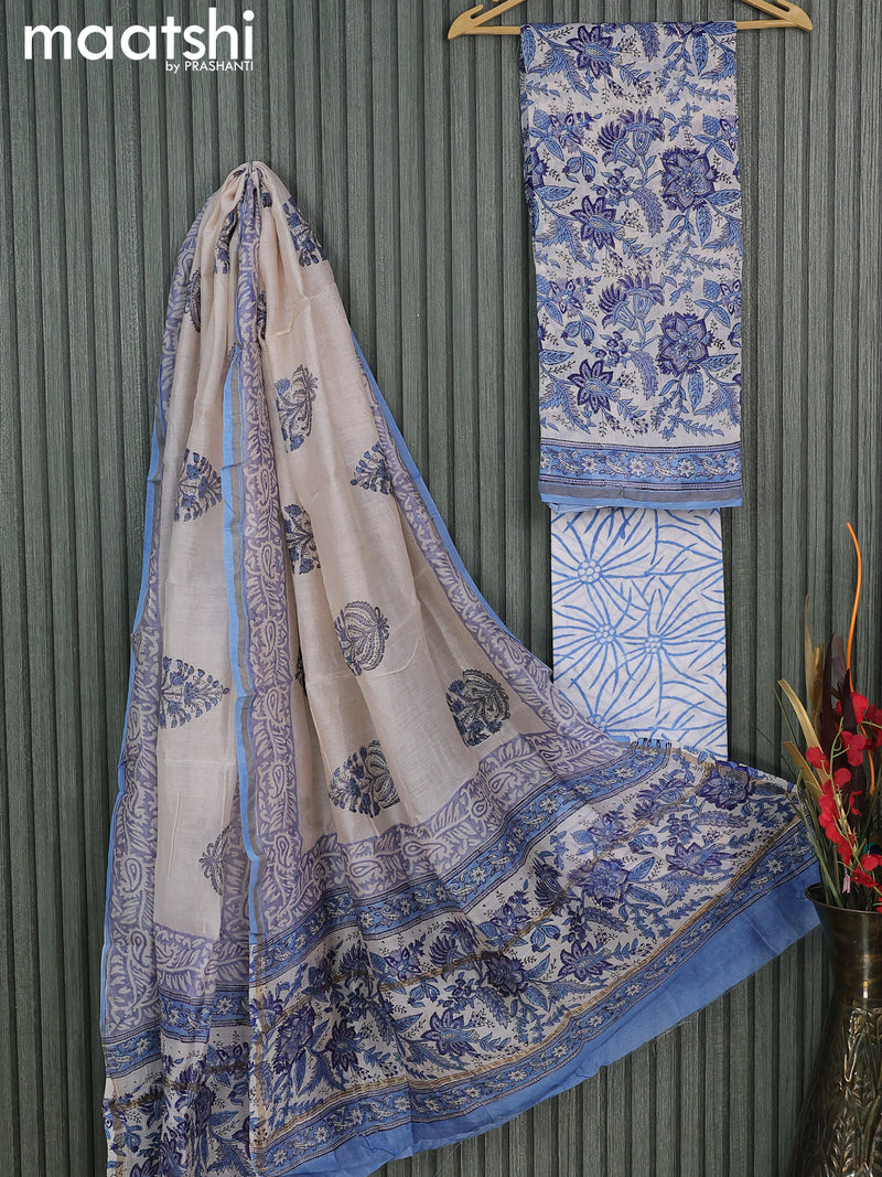 Chanderi dress material off white and light blue with allover floral prints and small zari woven border