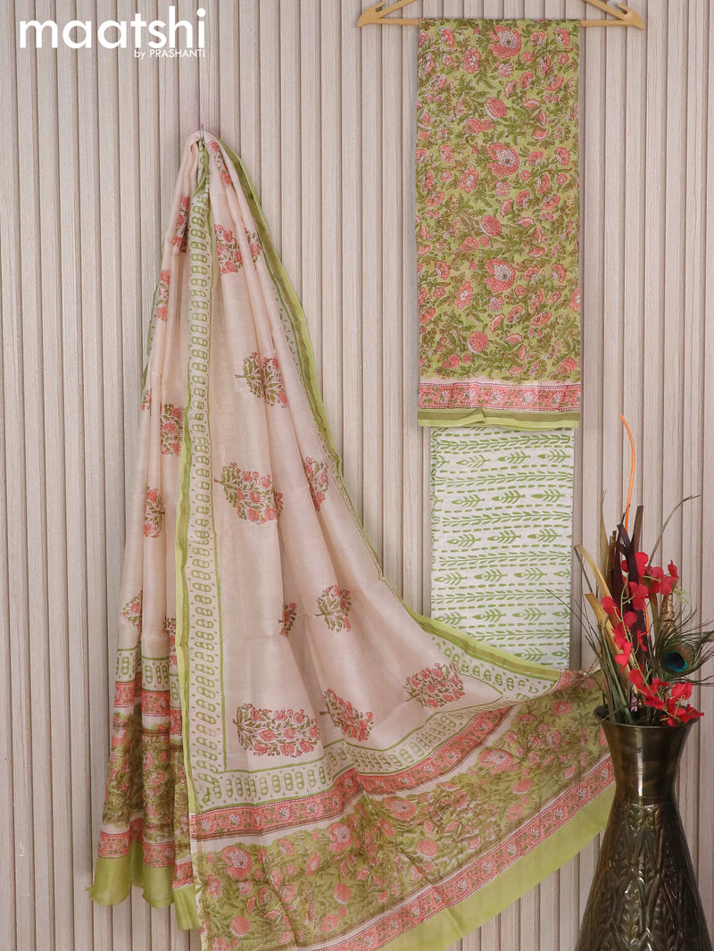 Chanderi dress material light green with allover floral prints and small zari woven border