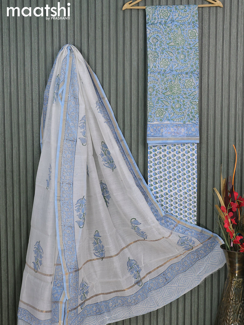 Chanderi dress material light blue and off white with allover prints and small zari woven border
