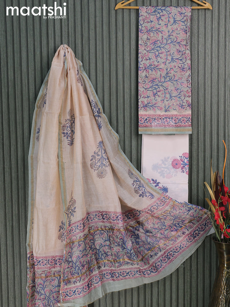 Chanderi dress material grey and off white with allover floral prints and small zari woven border