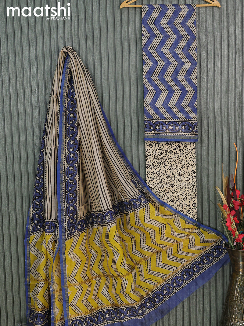 Chanderi dress material blue and beige with allover prints and small zari woven border