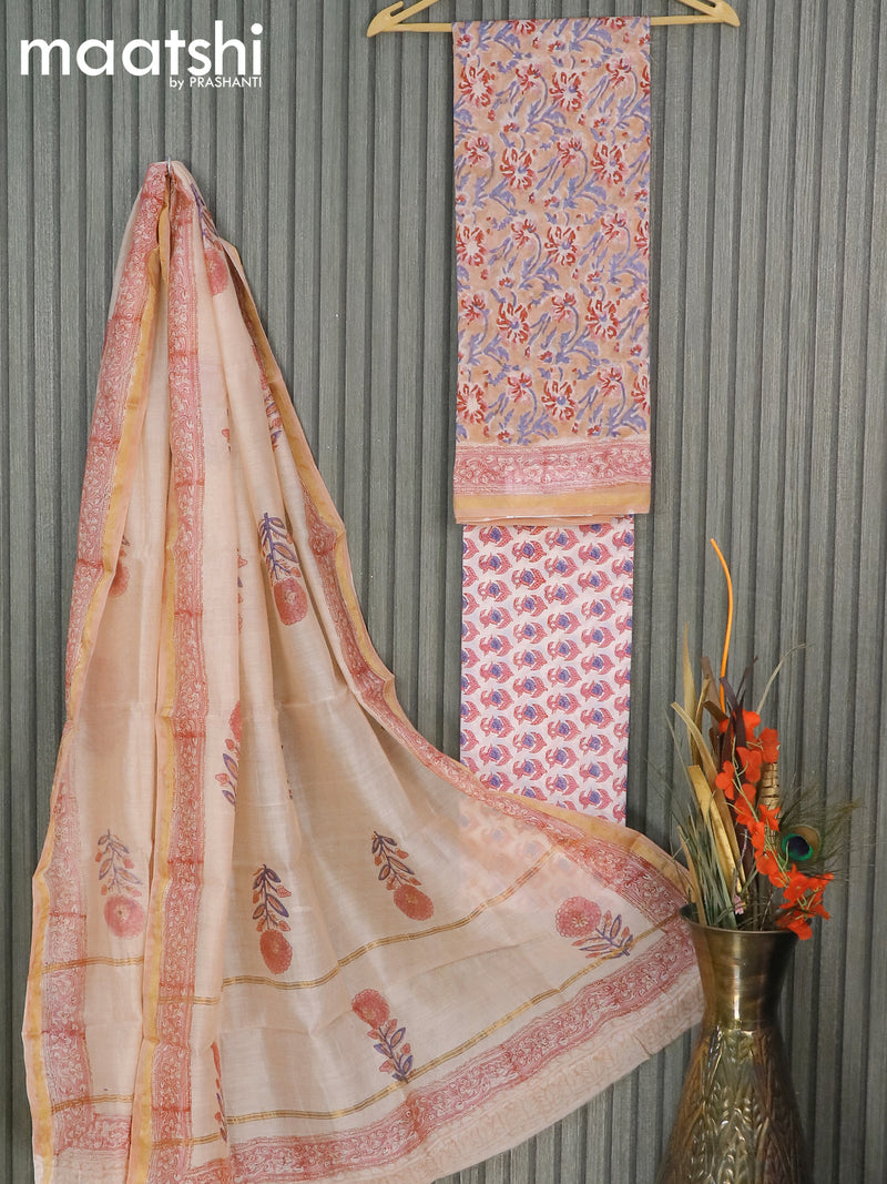 Chanderi dress material pastel brown and off white with allover floral prints and small zari woven border