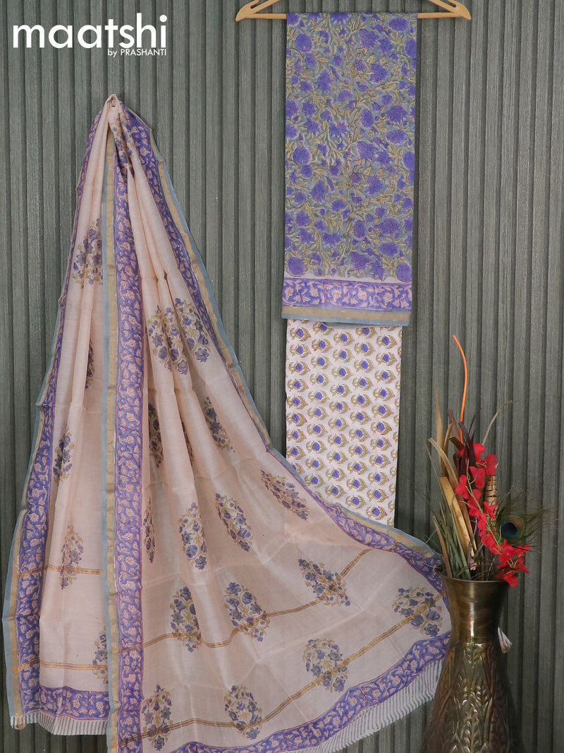 Chanderi dress material pastel blue shade and off white with allover floral prints and small zari woven border
