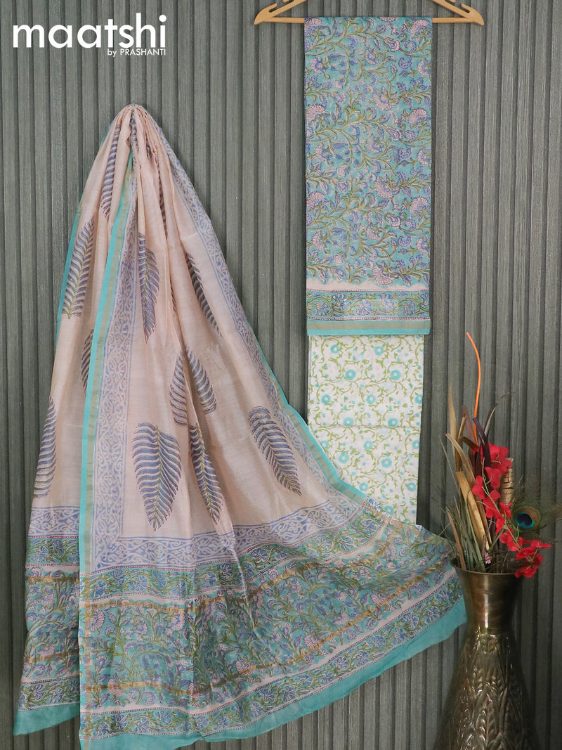 Chanderi dress material blue shade and off white with allover floral prints and small zari woven border