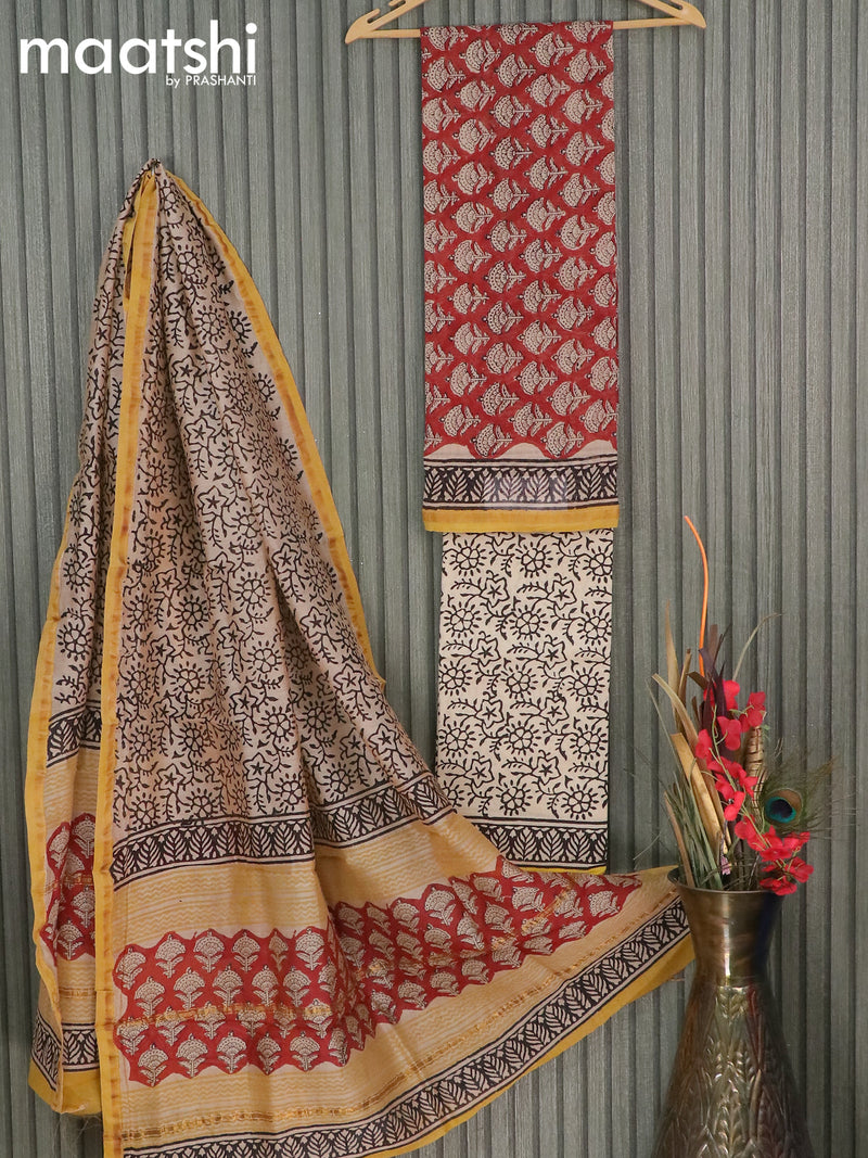 Chanderi dress material maroon and beige with allover butta prints and small zari woven border