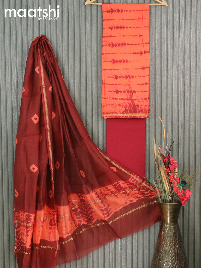 Chanderi dress material orange and deep maroon with tie & dye prints and small zari woven border