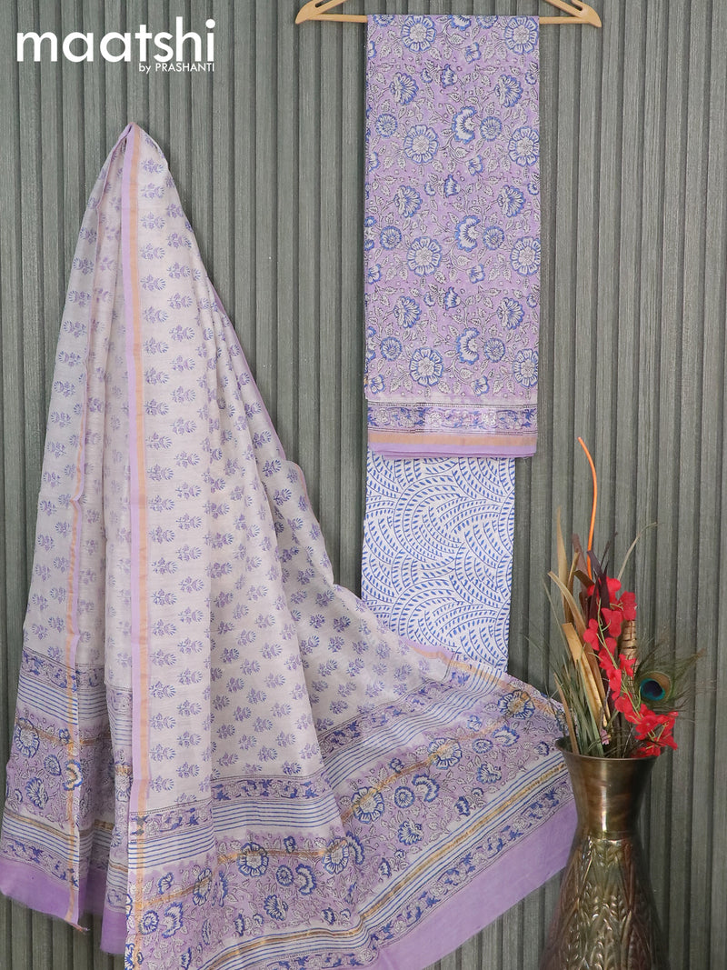 Chanderi dress material lavender shade and off white with allover floral prints and small zari woven border