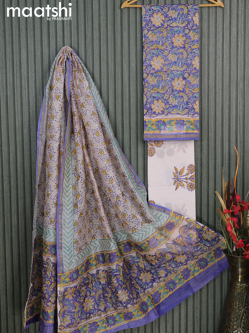 Chanderi dress material blue and off white with allover floral prints and small zari woven border